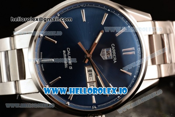 Tag Heuer Carrera Calibre 5 Swiss ETA 2824 Automatic Steel Case Blue Dial With Stick Markers Steel Bracelet - Click Image to Close
